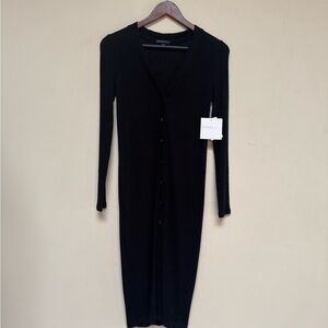 Beyond Yoga Black Long-Sleeve Ribbed Button-Front Midi Dress